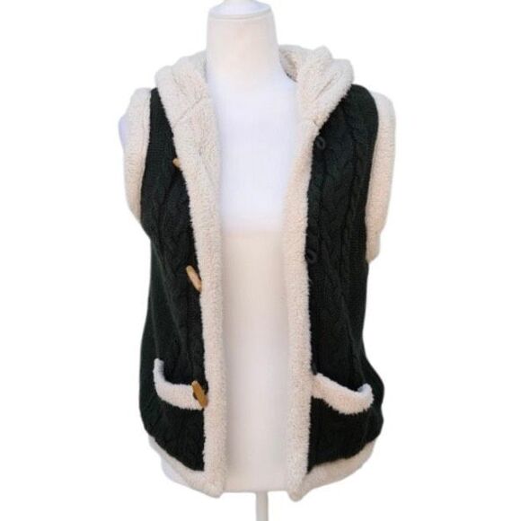 Carducci Cable Knit Green Vest Cream Faux Fur Trim Lined Hood Women’s Size Large - Picture 3 of 11